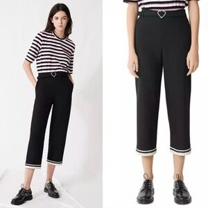 Maje Picoeur Cropped Rhinestone-Belted Pants In Black With White Stripe Size 34